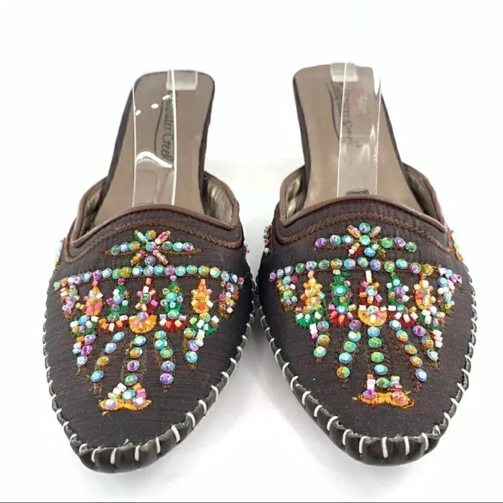Coldwater Creek size 7.5 mules chocolate brown Thai satin beaded Bollywood - Picture 2 of 12